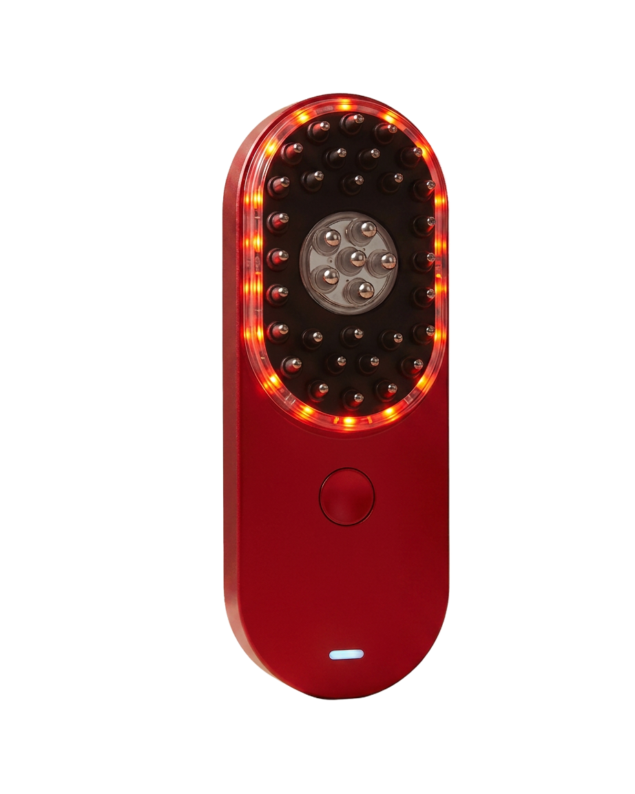 Nova red light scalp device showing 660nm LEDs, microcurrent nodes, and massage bristles
