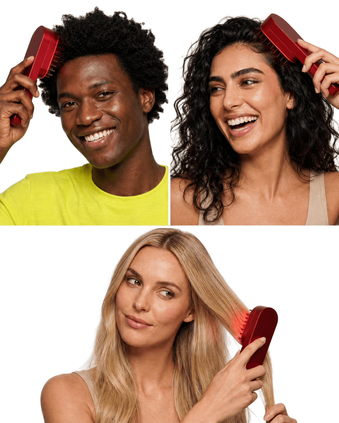 Three people using the Nova red-light scalp brush across hair types