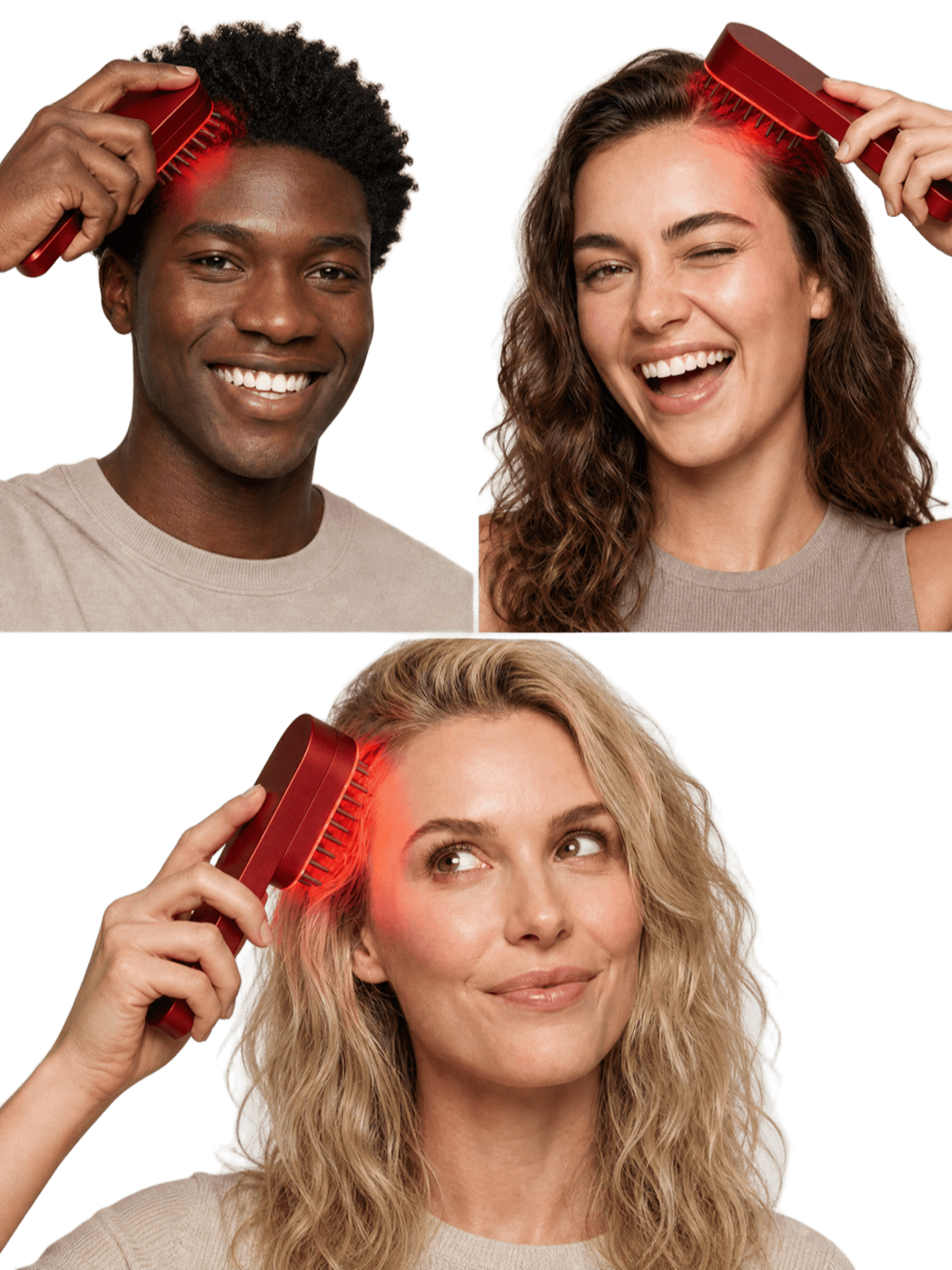 Three customers using the Nova red light therapy brush on their scalp