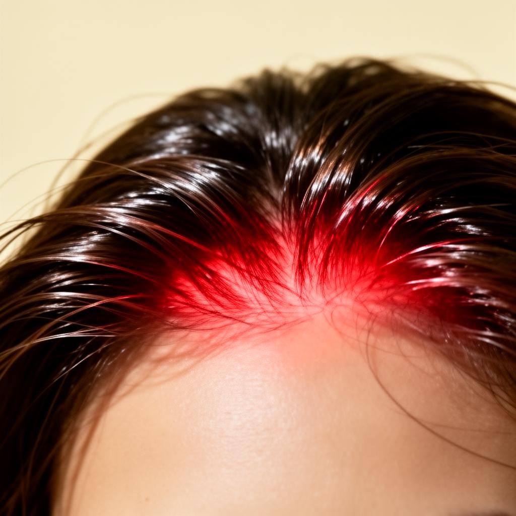 Calibrated 660nm red light therapy illuminating the scalp at the root