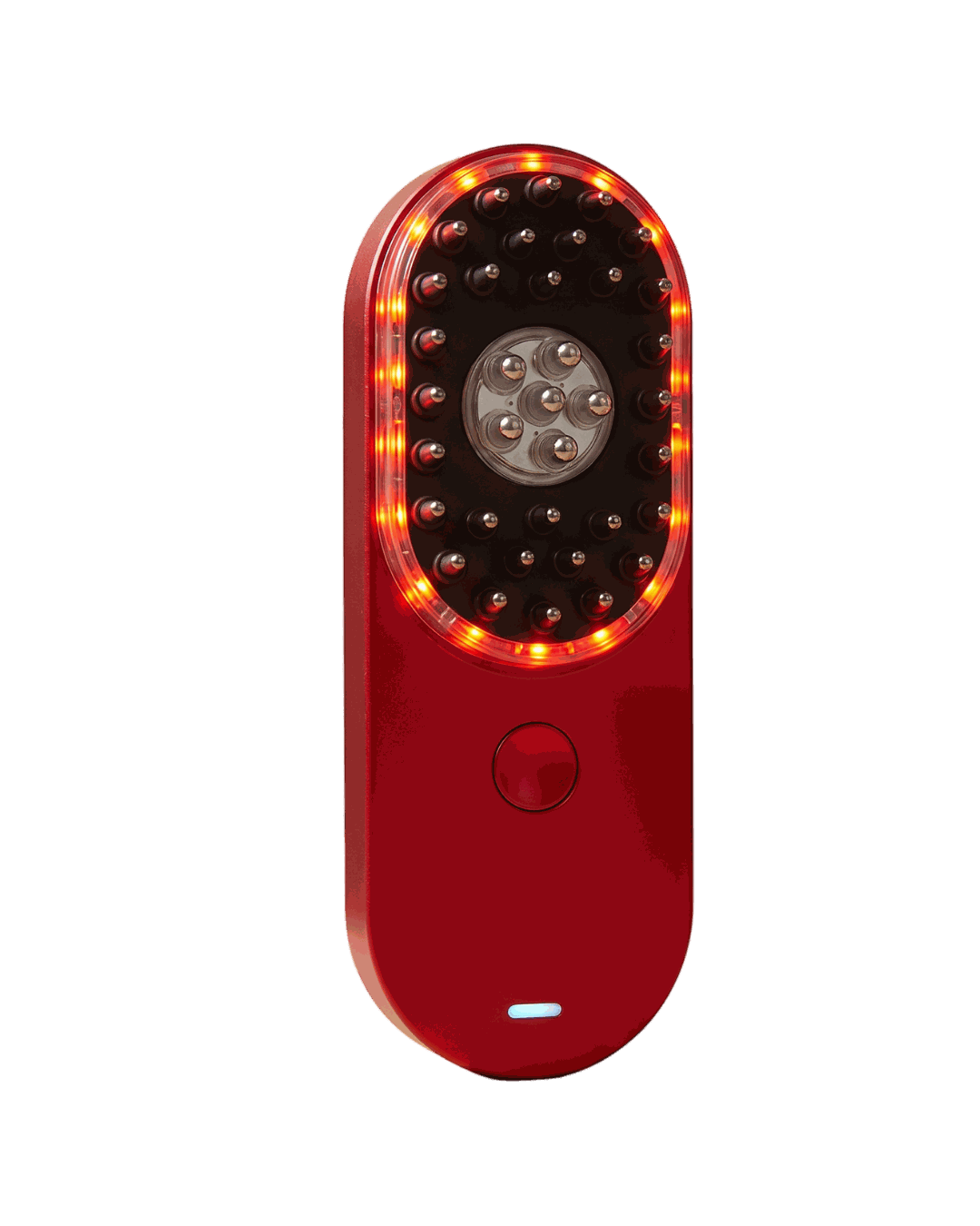 Nova red light scalp device showing 660nm LEDs, microcurrent nodes, and massage bristles