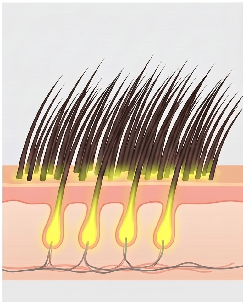 Scalp cross-section illustration showing visibly fuller hair density at week 12