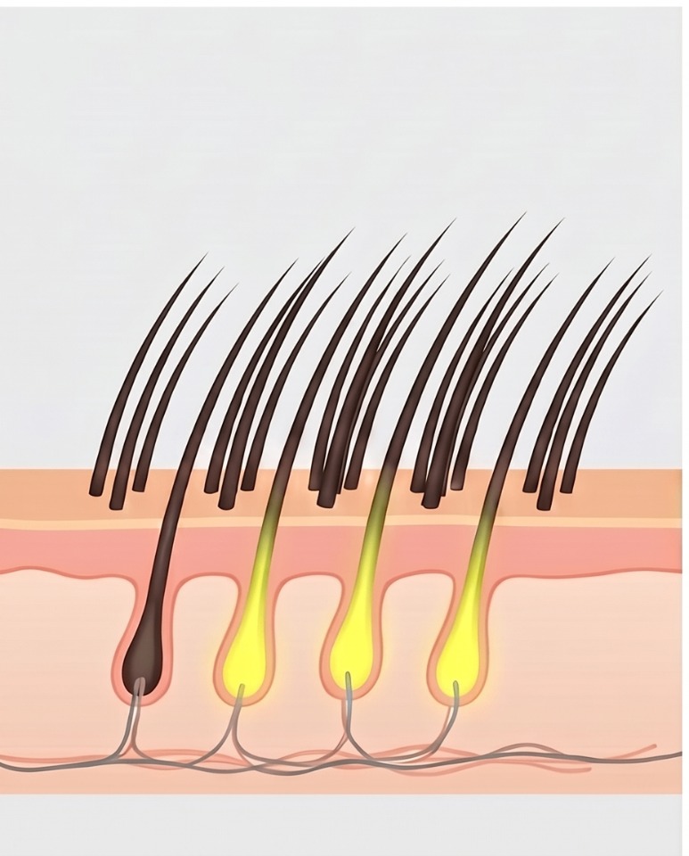 Scalp cross-section illustration showing healthier follicle bulbs and emerging baby hairs at week 8